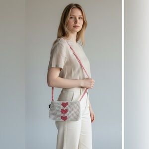 Isaac Mizrahi White and Pink Heart Beaded Crossbody Bag